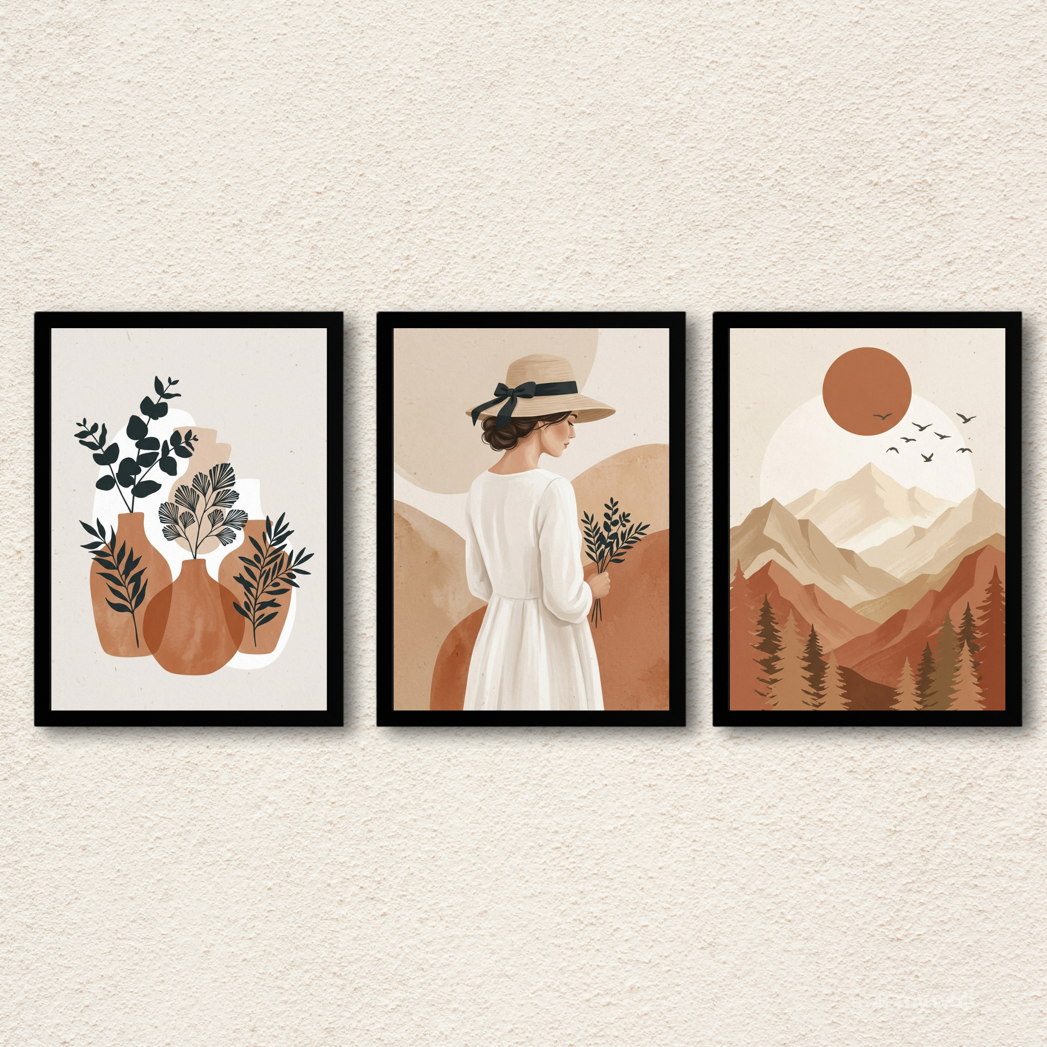 Boho Earthy Landscape & Botanical Wall Frame Set (3-Piece)
