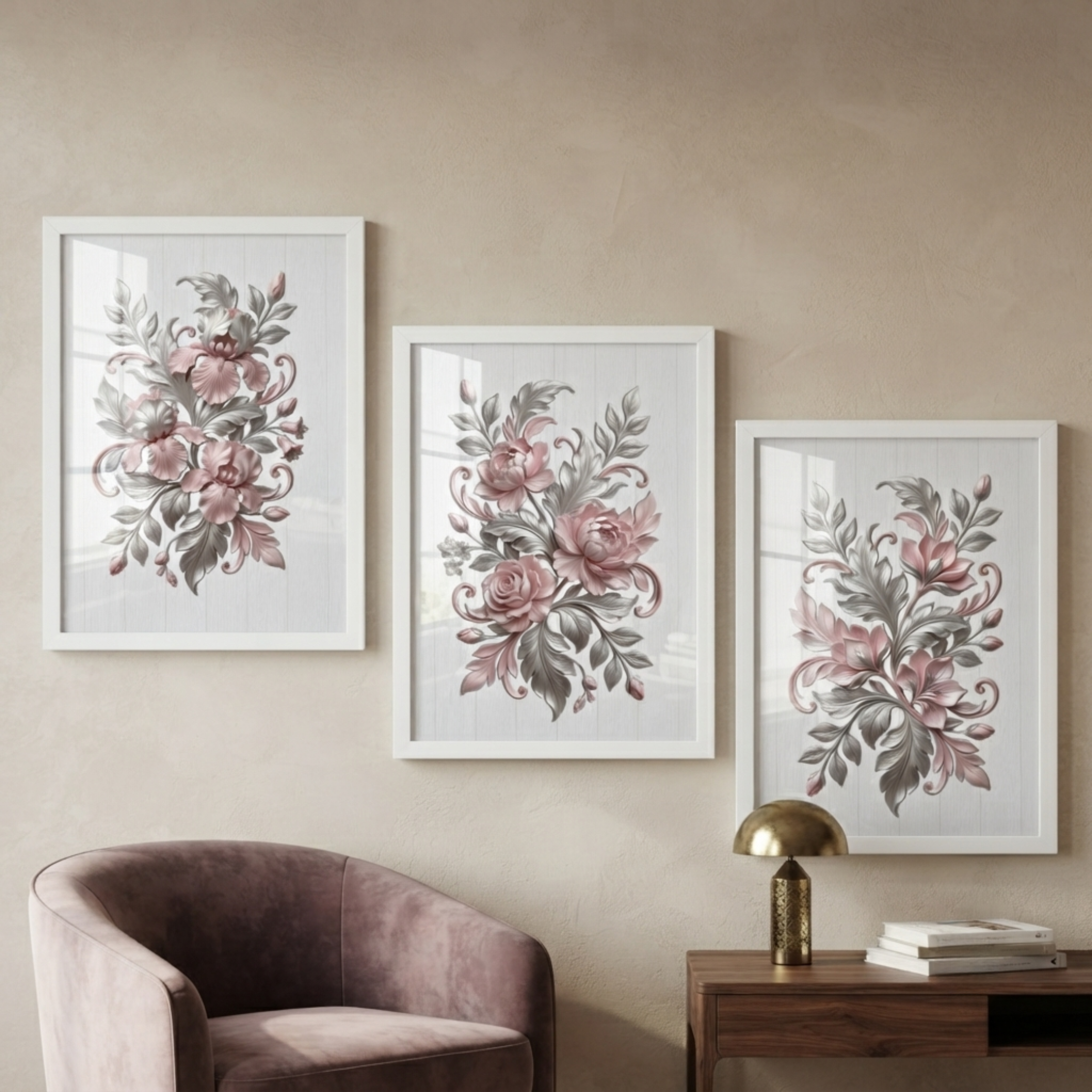 3-Piece Vintage Dusty Pink Floral Wall Frame Set