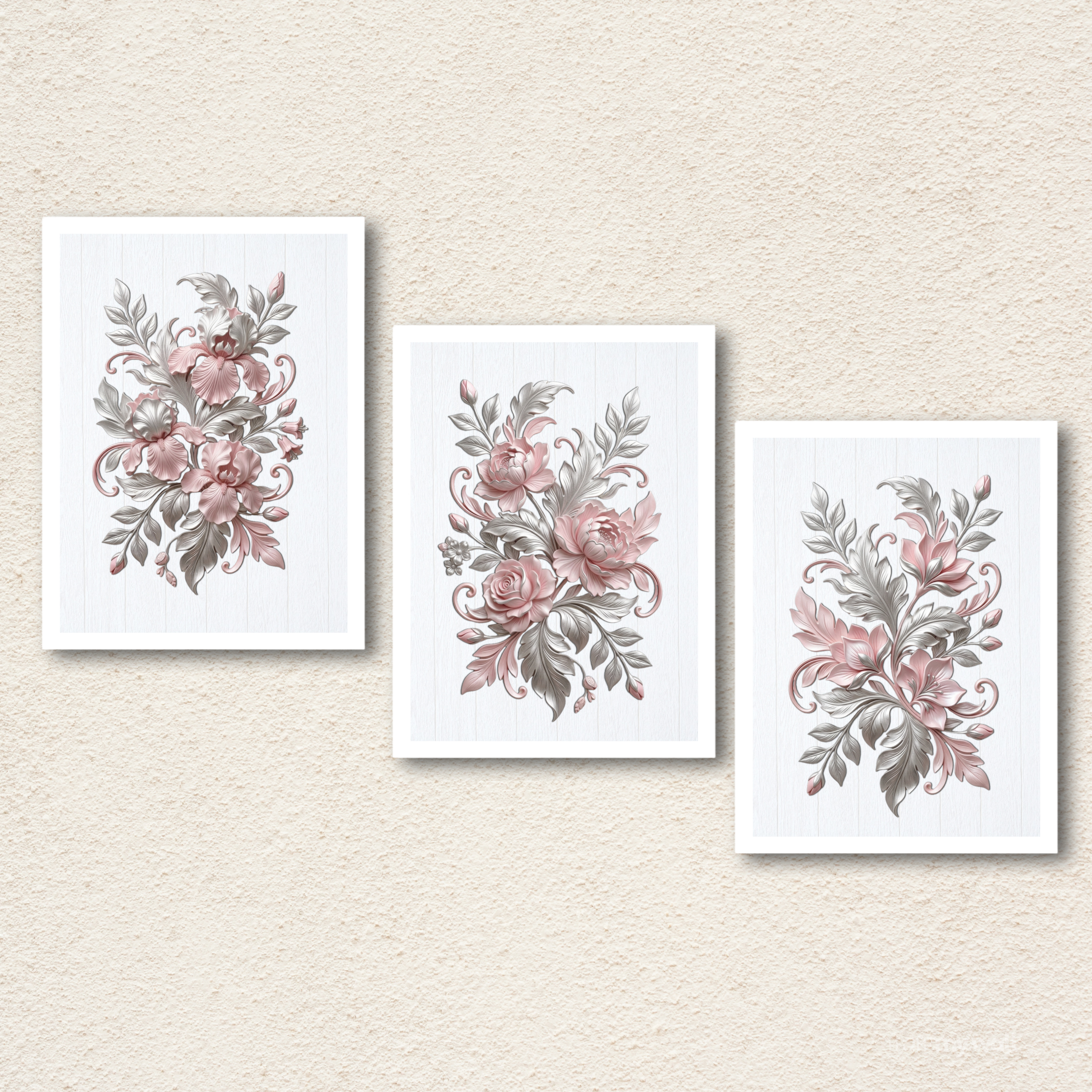 3-Piece Vintage Dusty Pink Floral Wall Frame Set