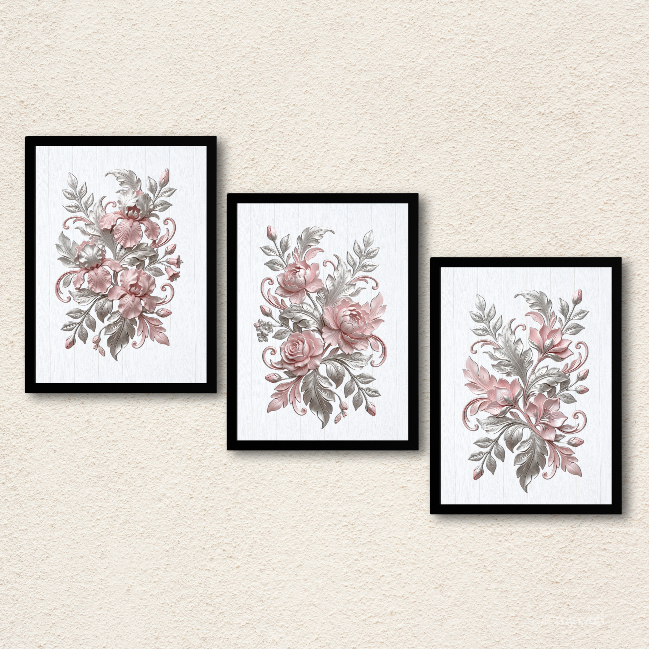 3-Piece Vintage Dusty Pink Floral Wall Frame Set