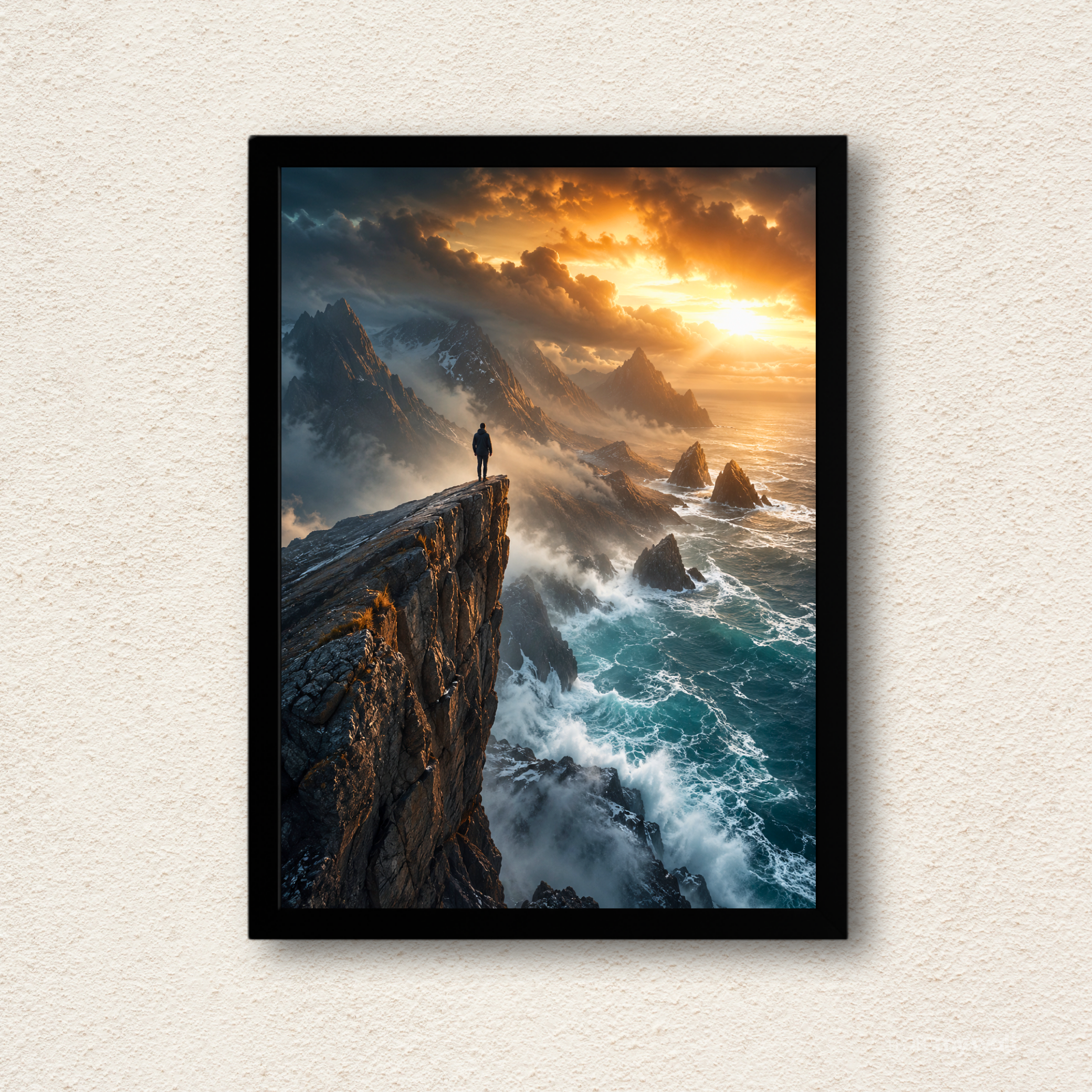 Dramatic Ocean Cliff & Mountain Sunset Framed Wall Art