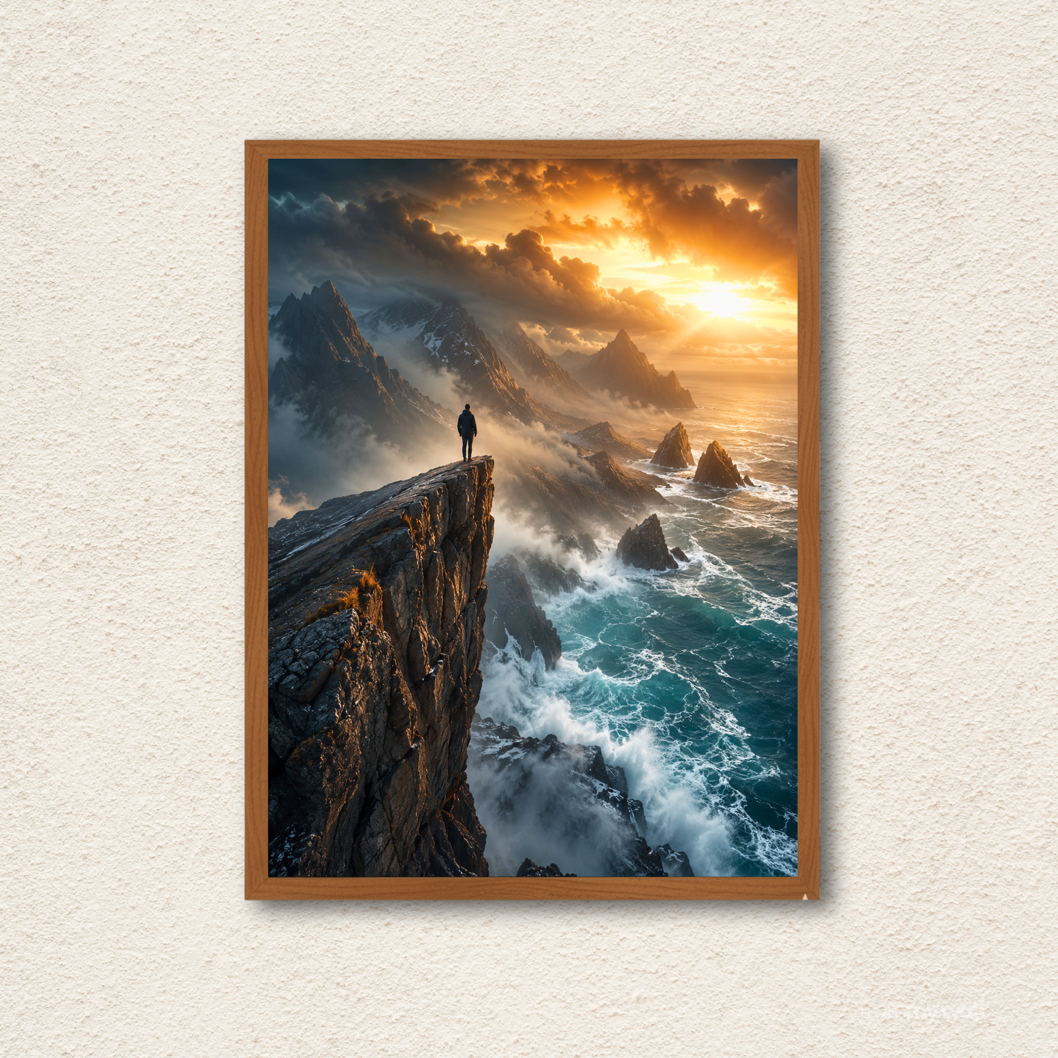 Dramatic Ocean Cliff & Mountain Sunset Framed Wall Art