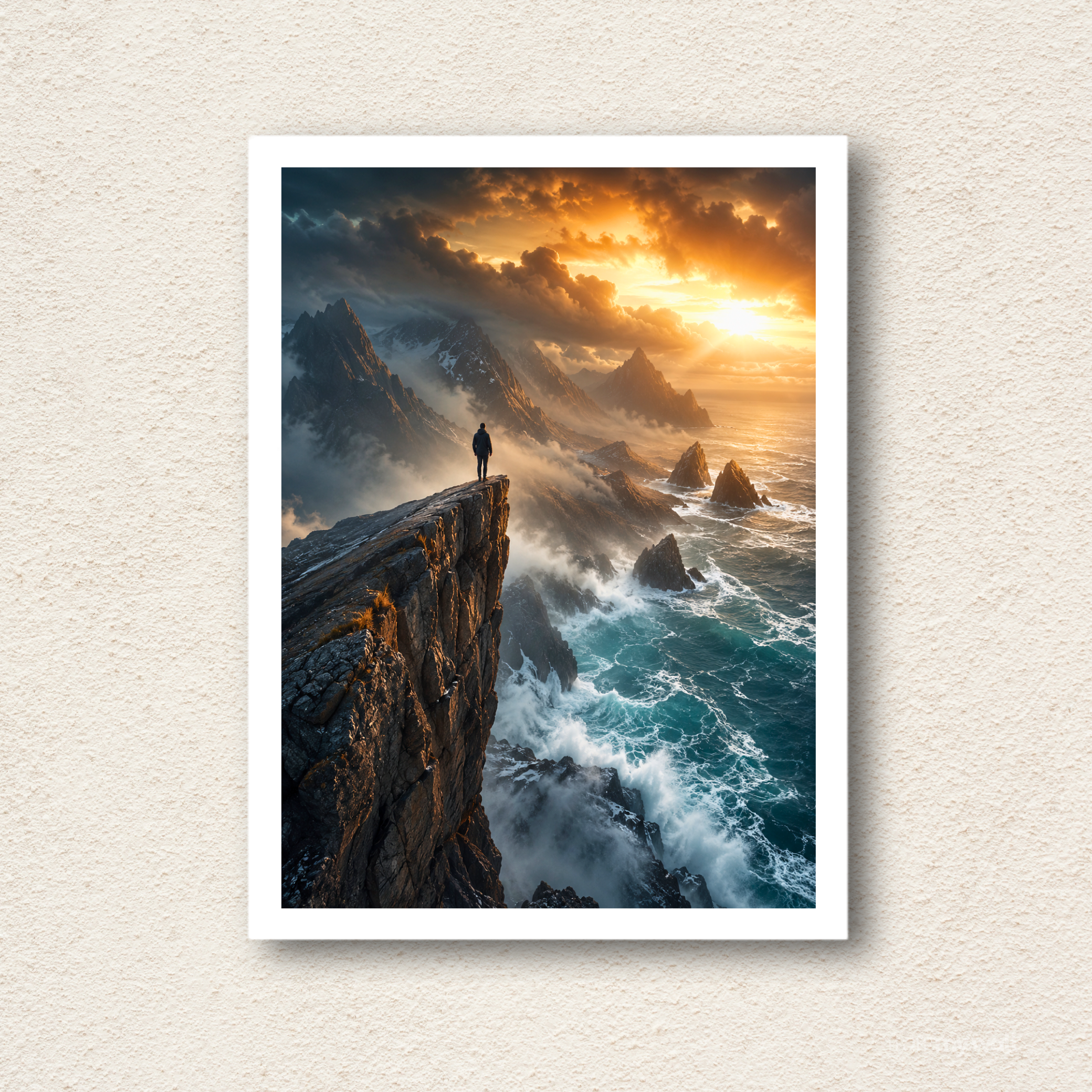 Dramatic Ocean Cliff & Mountain Sunset Framed Wall Art