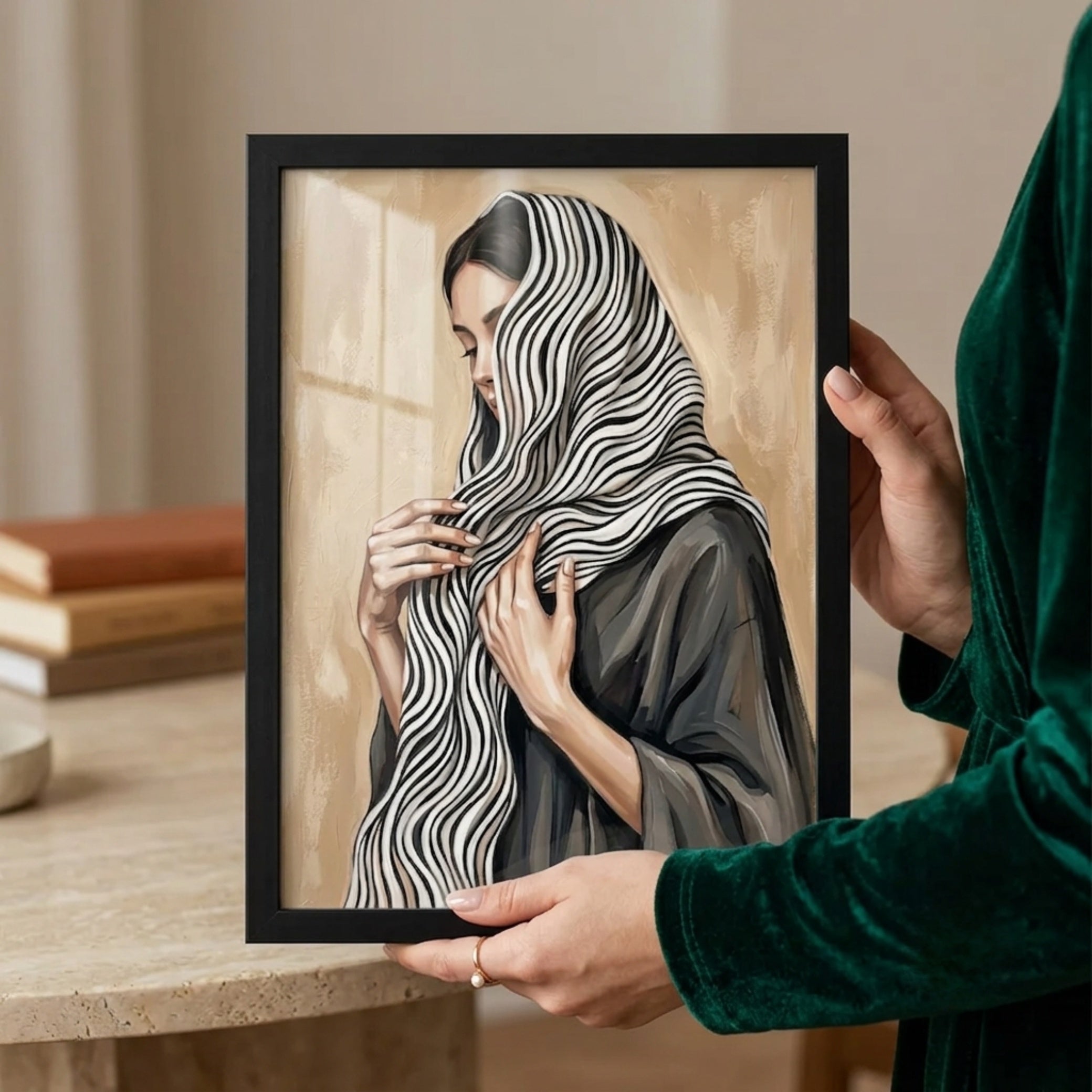 "Grace in Stripes" Elegant Veiled Woman Portrait