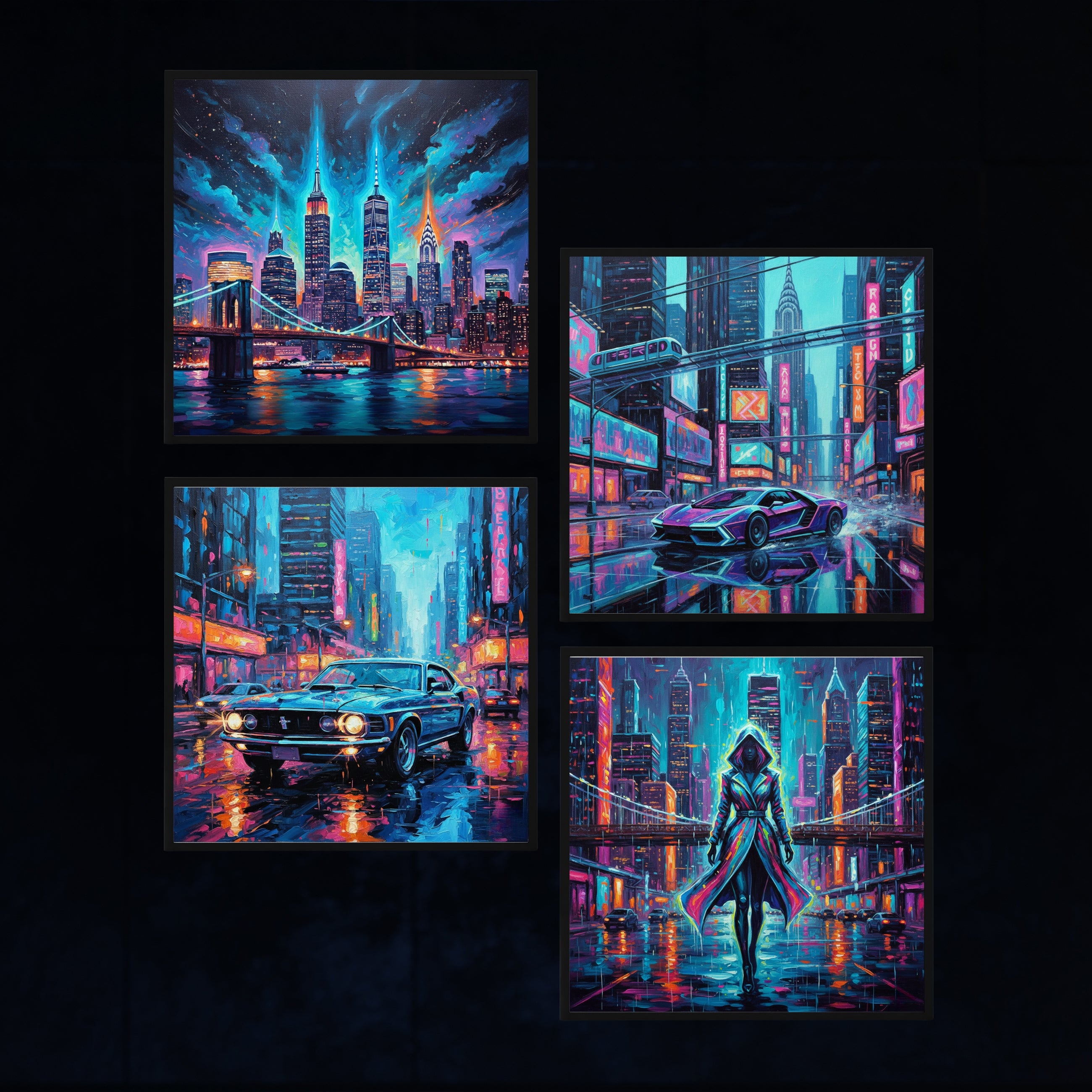 Cyberpunk Cityscape 4-Panel Digital Wall Art Set