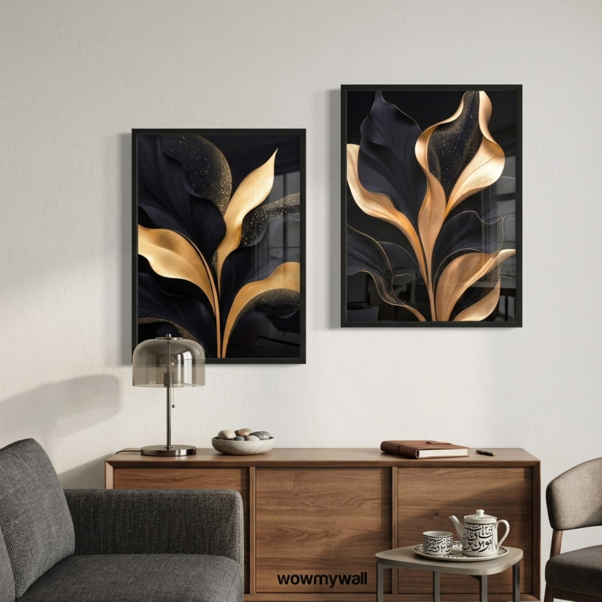 Golden Onyx Foliage – 2-Panel Regal Botanical Aesthetic Set