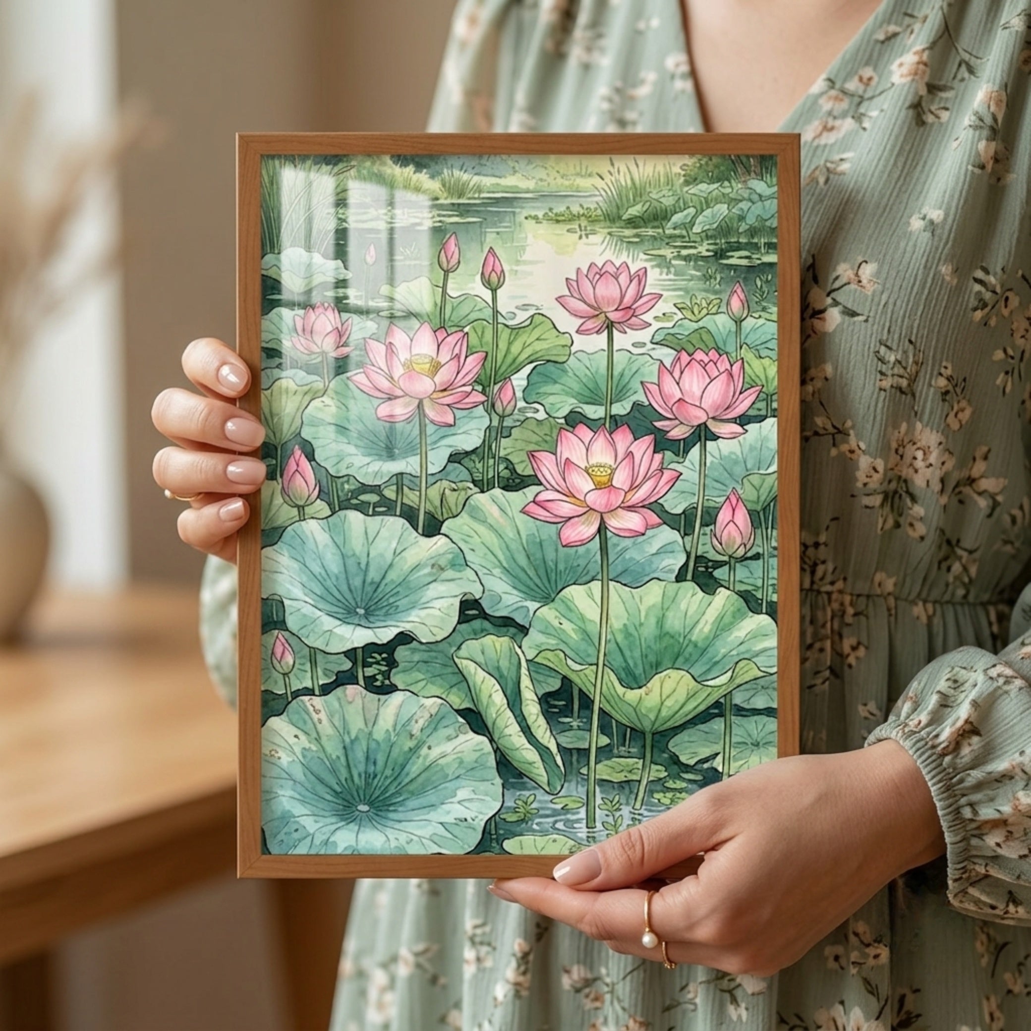 Serene Lotus Pond Watercolor Wall Art