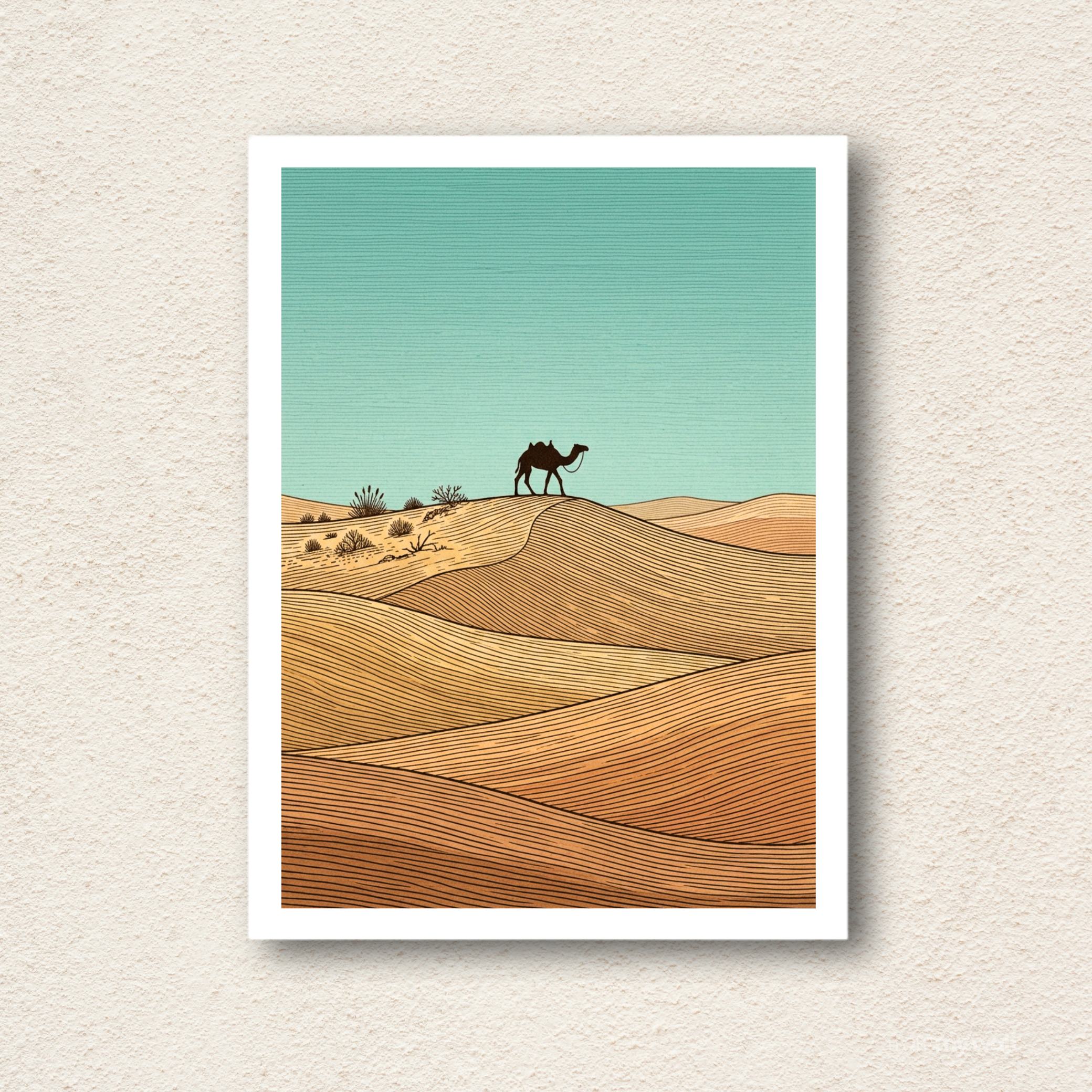 "Desert Wanderer" Minimalist Camel & Dunes Wall Art