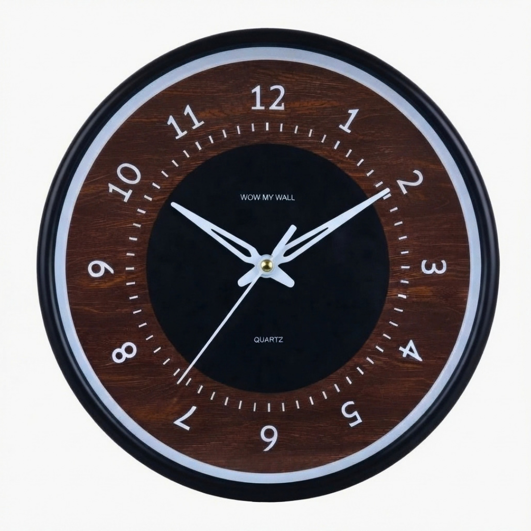 Black Wall Clock with Wood Pattern Inner Design