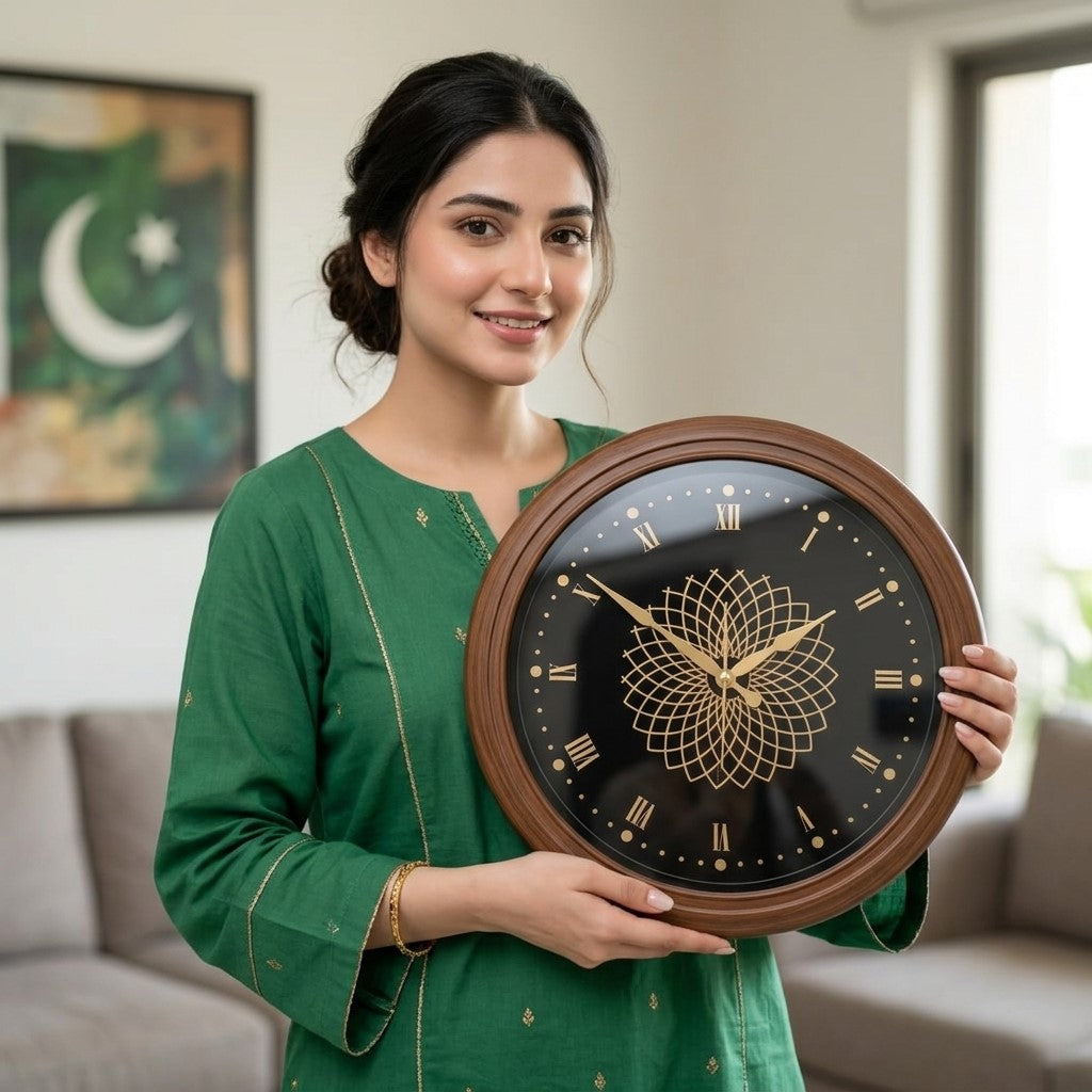 Wood Pattern  Wall Clock with Intricate Gold Mandala