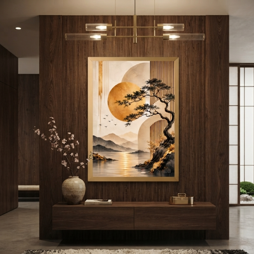 Japandi Golden Sun & Bonsai Landscape Wall Art