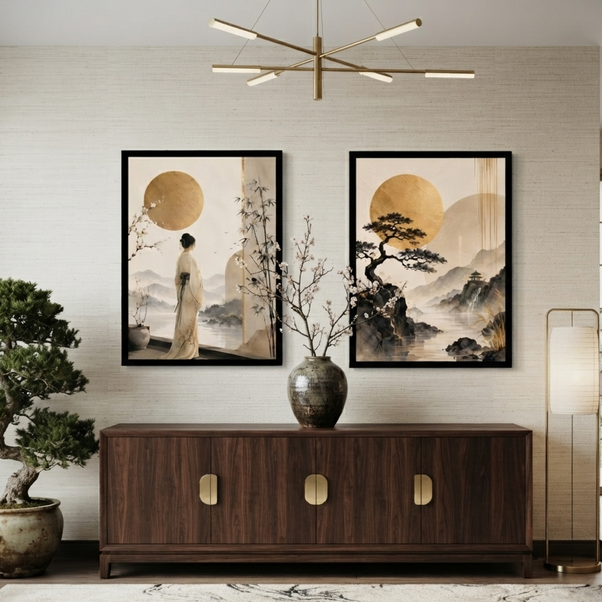 Japandi Landscape & Kimono Wall Art Set