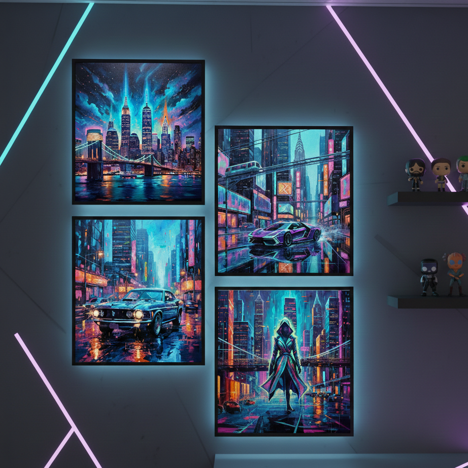 Cyberpunk Cityscape 4-Panel Digital Wall Art Set