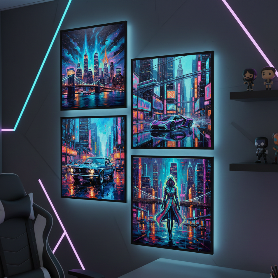 Cyberpunk Cityscape 4-Panel Digital Wall Art Set