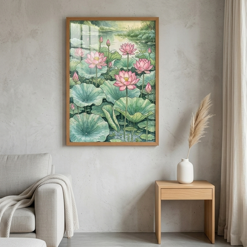 Serene Lotus Pond Watercolor Wall Art